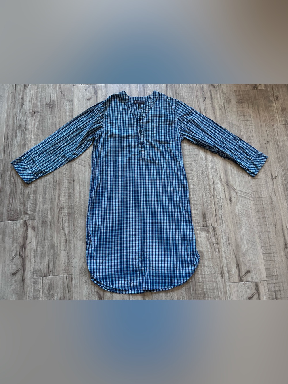 100% cotton Blue Plaid Long-Sleeve pj Shirt housedress nightgown rustic country